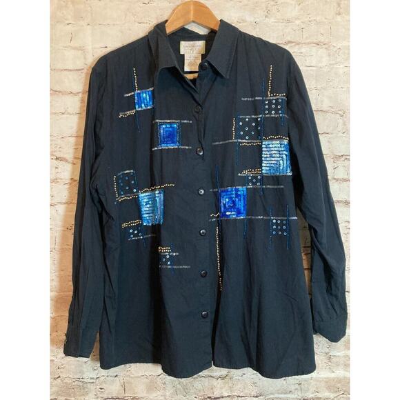 Vintage Capistrano Top Womens 2X Black Button Up Artsy Sequin Retro Art To Wear - Picture 1 of 11